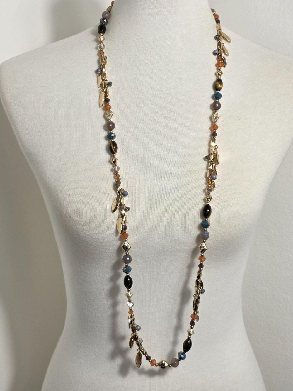 Cato Long Gold Tone Fashion Necklace Multi-Colored Beads & Leaf Charms
